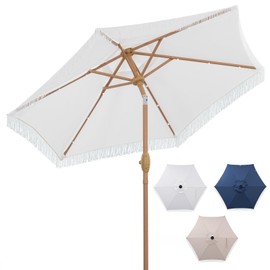 OVASTLKUY 7.5FT Patio Umbrella with Tilt Fringe Tassel Umbrella with LED Solar Lights And Crank For Yard, Pool, Deck, Beach, White
