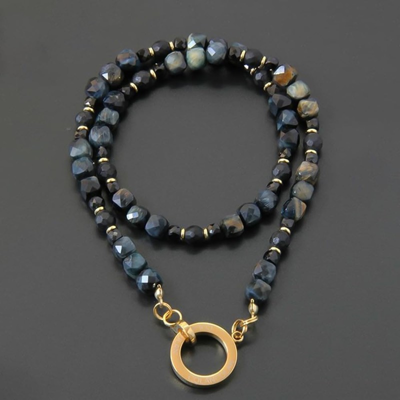 COLANCOLAN FORCE 5 Polyhedral Cube Necklace, Dark Blue Tiger Eye,