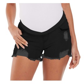 V VOCNI Maternity Jean Shorts Women's Maternity Indigo Blue Mom Tassel Secret Underbelly Denim Shorts, 01-c-black, Medium