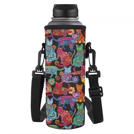 HUGS IDEA Water Bottle Carrier Bag Case, Insulated Neoprene Water Bottle Holder Pouch, Colorful Hippie Cats Print