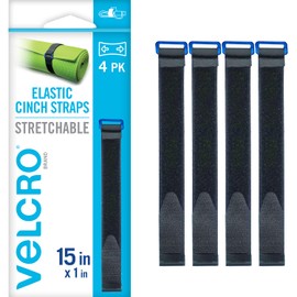VELCRO Brand VEL-30792-AMS 15 Inch Elastic Straps 4 Pack | Stretchable and Adjustable for Snug Fit | Fasten Lumber, Yoga Mats, Tools, Camping Equipment, More | Cinch with Buckle, Black 15x1