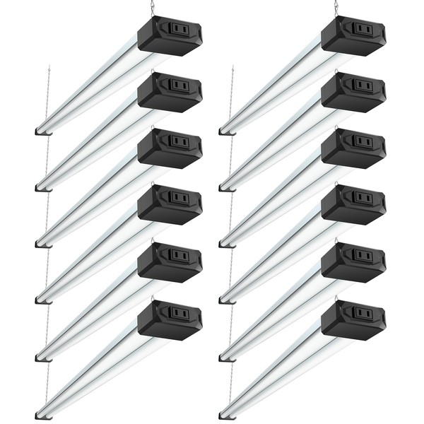BBOUNDER 12 Pack Linkable LED Shop Light with Reflector, Super Bright 6500K Cool Daylight, 4400 LM, 4 FT, 48 Inch Integrated Fixture for Garage, 40W Equivalent 250W, Surface & Suspension Mount, Black