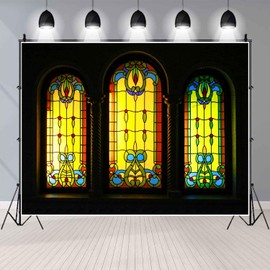 EMTOBT 8x8ft Stained Glass Window Backdrop Vintage Church Cathedral Glass Painting Religion Kid Adult Artistic Portrait Photoshoot Studio Props Video Drape Vinyl BJZYEM284