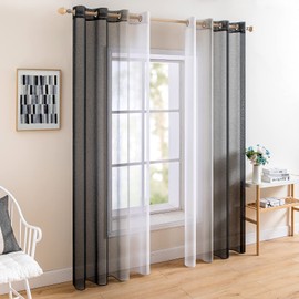 MIULEE Set of 2 Voile Curtains, Two-Tone Curtains with Eyelets, Transparent Curtains, Window Curtains, Translucent, for Bedroom, 140 x 225 cm, Black