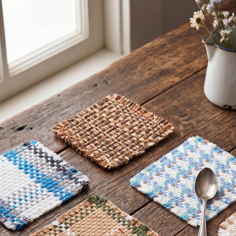 Set of 10 Fabric Drink Coasters, Handcrafted Cotton Woven Coasters