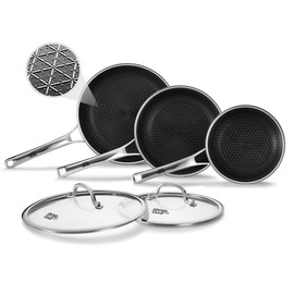 Non Stick Frying Pans Set with 2 Lid, Hybrid Pans Set Nonstick (8+10+12inch),Pan for cooking, PFOA Free Kitchen set, Dishwasher and Oven-Safe Cookware Sets, Stainless Steel Skillets