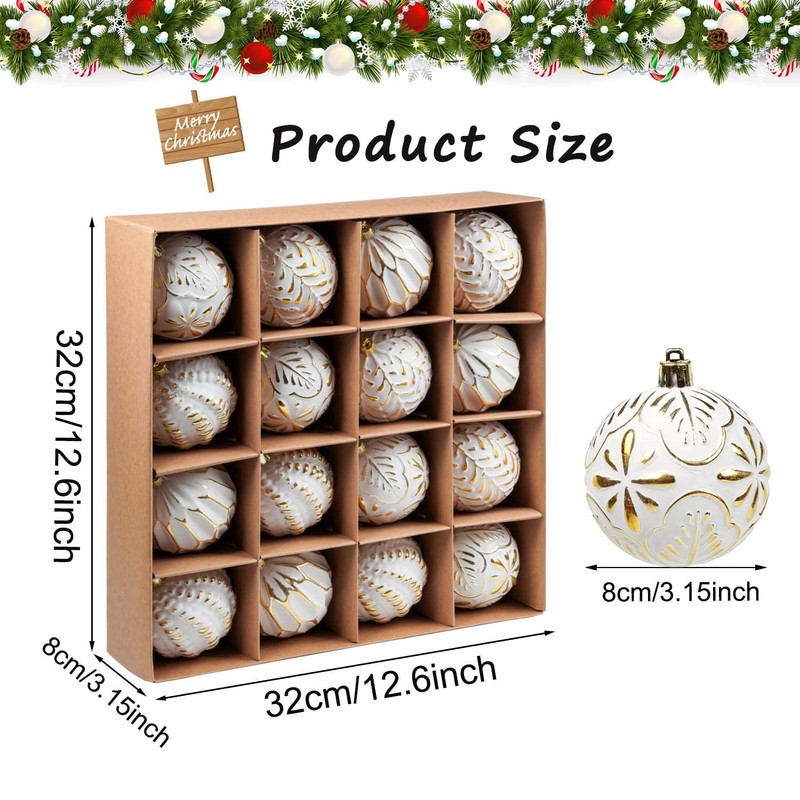 SVNVIOZ White Gold Christmas Baubles Decorations, 16Pcs 8cm Christmas Tree