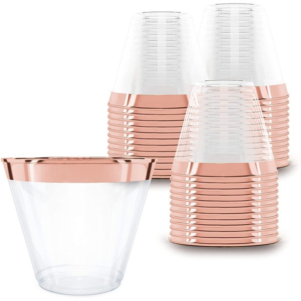 100 Rose Gold Plastic Cups | 9 oz | Hard Disposable Cups | Plastic Wine Cups | Plastic Cocktail Glasses | Plastic Drinking Cups | Bulk Party Cups | Wedding Tumblers | Clear Plastic Cups