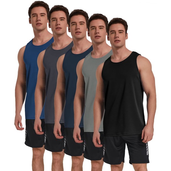 TELALEO 5 Pack Men's Workout Tank Tops Sleeveless Mesh Muscle Gym Shirt Quick Dry Black/Gray/Charcoal/Navy/Blue XL