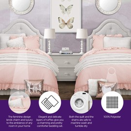 Lush Decor Reyna Comforter Ruffled 3 Piece Bedding Set with Pillow Shams, Full Queen, Blush