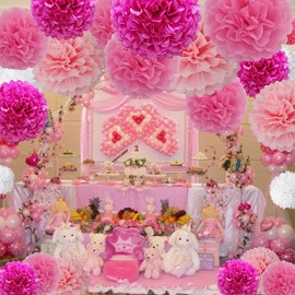 Hot Pink Hanging Tissue Paper Pom Poms,12Pcs Pompoms Flowers for Ceiling Party Decorations(Hot Pink,Pink and Light Pink)
