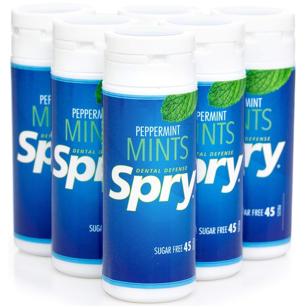 Spry Xylitol Peppermint Sugar Free Candy - Breath Mints That Promote Oral Health, Dry Mouth Mints That Increase Saliva Production, Stop Bad Breath, 45 Count (Pack of 6)