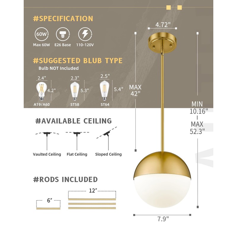 AUTELO 2 Pack Brushed Gold Pendant Lights, 8 Inch Glass