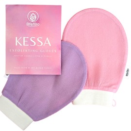 BfefBo Body Exfoliating Glove, KESSA Pink & Purple, 2 PACK, Bath & Shower Mitt, Body scrub, Exfoliator, Plant based, Targets keratosis pilaris, Plastic free (Pink)
