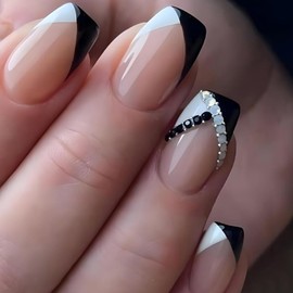 24PCS Black White French Tip Press-on Nails, Elegant Short Coffin Square Fake Nails for Women, Stylish Black and White French Tip Design, Durable ABS Material, Quick & Easy Application