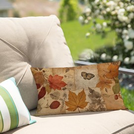GTEXT Fall Pillow Cover 12x20 Vintage Leaves Butterfly Throw Pillow Autumn Decorative Lumbar Linen Outdoor Farmhouse Decor Cushion Cover for Home Sofa Bed Couch