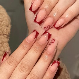 Valentine's Day Square Press on Nails Medium - Red French Tip Press on Nails Heart Patterns Wine Red Tips Fake Nails Full Cover False Nails Glossy Stick on Nails for Women Girls, 12 Sizes, 24PCS