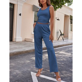 Ekouaer Women's 3 Piece Knit Lounge Set Pajama Long Sleeve Cardigan Sleeveless Top Pants Sweatsuit,Cadet Blue,XX-Large