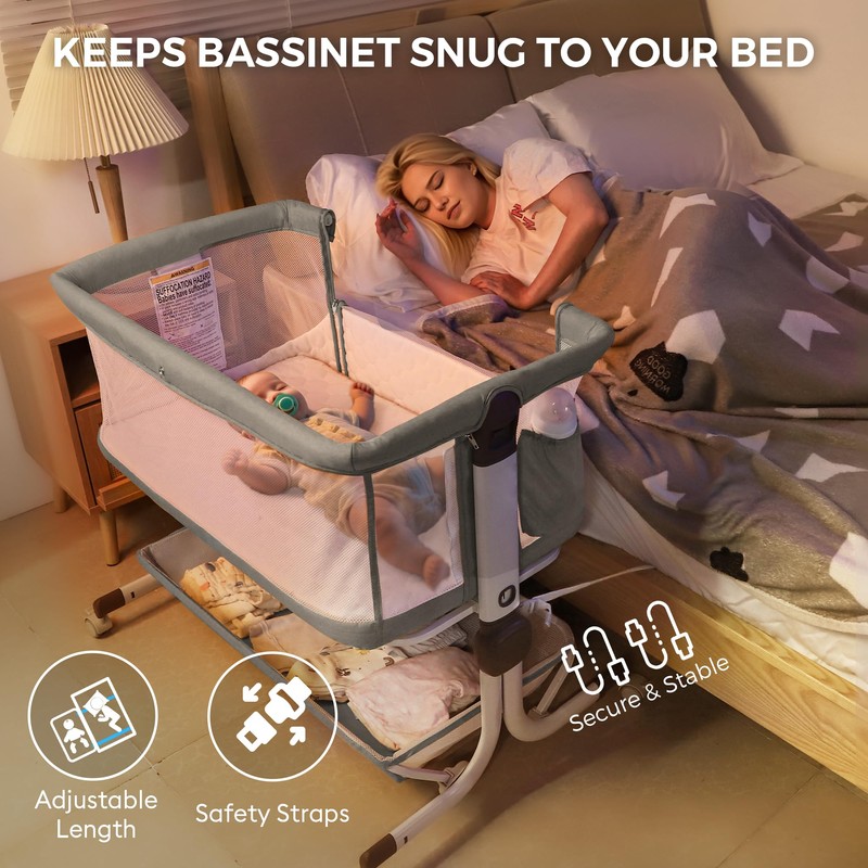 MOMFANN Baby Bassinet Bedside Sleeper, Upgraded Stability Bedside Crib with