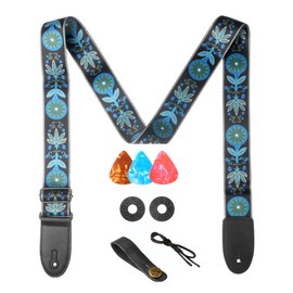AZOR Guitar Straps for Acoustic Electric Guitar Bass, Vintage Woven Guitar Strap Adijustable with Genuine Leather Ends,Come with Strap Button 1 Pair Strap Locks and 3 Guitar Picks (21028)