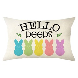 Ogiselestyle Hello Peeps Bunny Throw Pillow Cover, 12 x 20 Inch Happy Easter Rabbit Spring Cushion Case Decoration for Sofa Couch