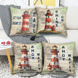 Tlovudori Coastal Lighthouse Throw Pillow Covers 20x20Inch Set of 4 Nautical Geography Map Decorative Pillow Cases Ocean Linen Cushion Cover for Home Sofa Couch Bed Decor