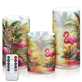 Tujoe 3 Pcs Summer Flamingo Flameless Candles LED Battery Pillar Candles Set Battery Operated Flickering Gifts with Remote Summer Decor for Holiday Decoration
