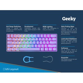 Geeky GK61 60% | Hot Swappable Mechanical Gaming Keyboard | 61 Keys Multi Color RGB LED Backlit for PC/Mac Gamer | ANSI US American Layout (Lavender, Mechanical Speed Yellow)