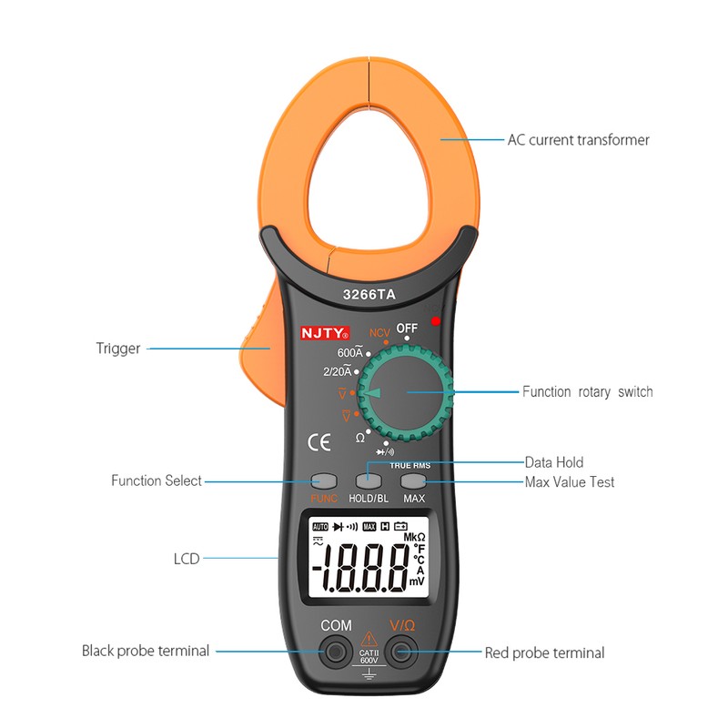 NJTY Digital Clamp Meter 2000 Counts Auto Range Multimeter with
