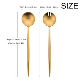 Uniturcky Salad Servers, 18/8 Stainless Steel Serving Fork and Spoon Set, Include 1 Large Salad Spoon and 1 Large Salad Fork, Matte Gold Long Handle Serving Utensils, 11.4 inches