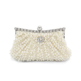 CORIOS Women's Pearl Clutch Bag Luxury Rhinestone Evening Bag Wedding Bridal Purse Diamond Purse Bag Elegant Handbag Chain Shoulder Bag Purse Evening Party Shoulder Bag, beige