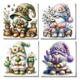 JATOK 4 Pcs Paint by Numbers Kits for Adults, Painting Kits for Beginners Clear Symbols Colored Canvas, Easy DIY Acrylic Pigment Drawing Paintwork for Home Wall Decor, 10x10in Frameless, Gnome Flower