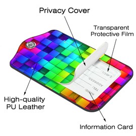 Neidius 2 Pack Luggage Tags for Suitcase,Bright Colorful Blocks PU Leather Idea Baggage Tag with Name Labels Privacy Cover Metal Ring Men and Women Travel Cruise Labels