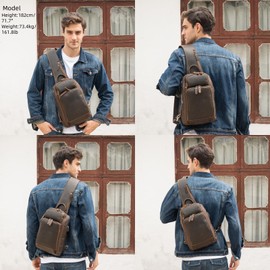 Masa Kawa Full Grain Leather Sling Backpack Bag for Men Fits 9.7 Inch Tablet Small Brown Vintage Crossbody Shoulder Bags Hiking Trip Travel Commuting Daypack