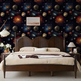 KDGHORMY 3D Pattern Planet Wallpaper Self Adhesive Peel and Stick Black Watercolor Vivid Whimsical Universe Starry Sky Contact Paper Removable Waterproof for Bedroom Renter Friendly 17.71"x118.1"