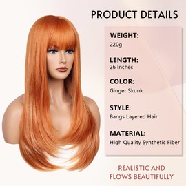 YUCCAHA Ginger Skunk Stripe Synthetic layered Wig with Bangs for Women Wear and Go glueless Wig 26 Inch Middle Part Long Straight Colorful Costume Wigs Heat-Resistant Fiber for Daily Party Use