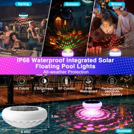 Solar Floating Pool Lights, USB Rechargeable Pool Lights with Remote, 6.7" 2600mAh IP68 Waterproof Floating Light 6 Dynamic Modes Upper and Lower Glow Hangable Light for Pond Patio Party 2 PCS
