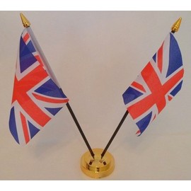 United Kingdom Union Jack 2 Flag Desktop Table Display With Gold Base