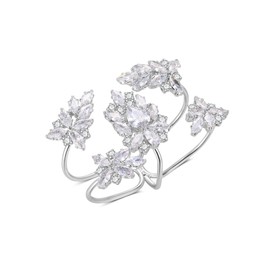 Aprilery Two Finger Statement Ring for Women, Fashion CZ Crystal Adjustable Rings Cocktail Open Multiple Ring Leaf Wedding Party Prom Accessory Jewelry Gifts for Her