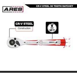 ARES 42048-3-Piece 90 Tooth Ratchet Set - Premium Chrome Vanadium Steel Construction & Mirror Polish Finish - Quick Release for Easy Socket Change - 90-Tooth Reversible Design with 4 Degree Swing