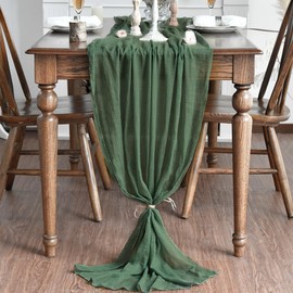Artoid Mode Boho Cheesecloth Gauze Forest Green Wedding Table Runner, Seasonal Fabric Kitchen Dining Holiday Table Decor for Home Party Indoor 35x120 Inch