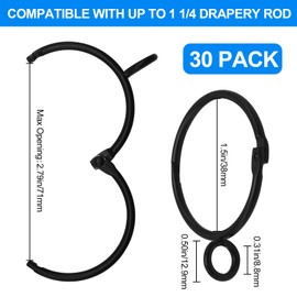 30 PCS Curtain Rings with Eyelets Metal Curtain Drape Sliding Eyelet Rings for Hanging Pinch Curtain Pin Drape Hooks, Curtain Rings 1.5 Inch (Black)