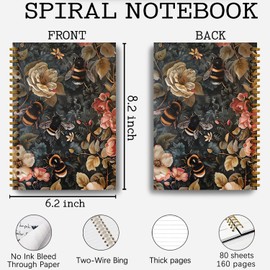 Guymn Cottagecore Floral Bumble Bee Notebook, Rustic Bee Flower Journal, Aesthetic Wildflower Botanical Journal, Bumble Bees Gifts for Women, Flower Hardcover Spiral Notebooks 5.5x8.3 Inch