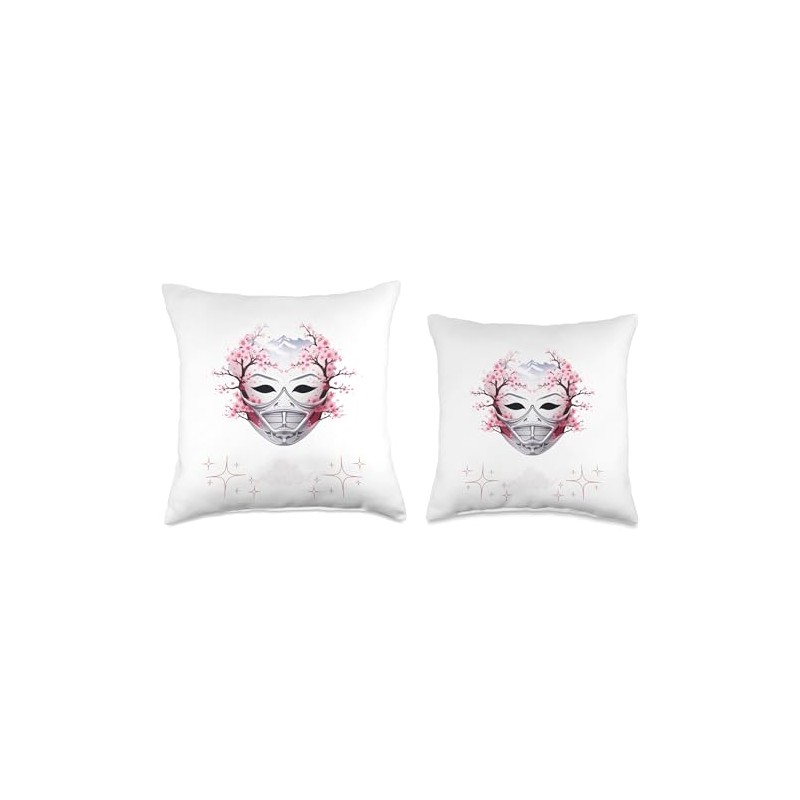Samurai Mask Japanese Anime Kawaii Blossom Cherry Flower Throw Pillow