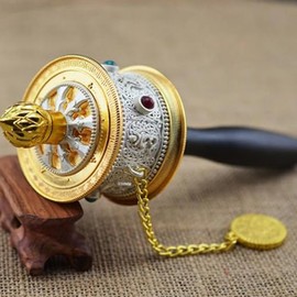 Tibetan Buddhist Om Mani Padme Hum Functioning Mini Handheld Prayer Wheel with Mantra Scroll Rotating Wheel Gold (Silver)