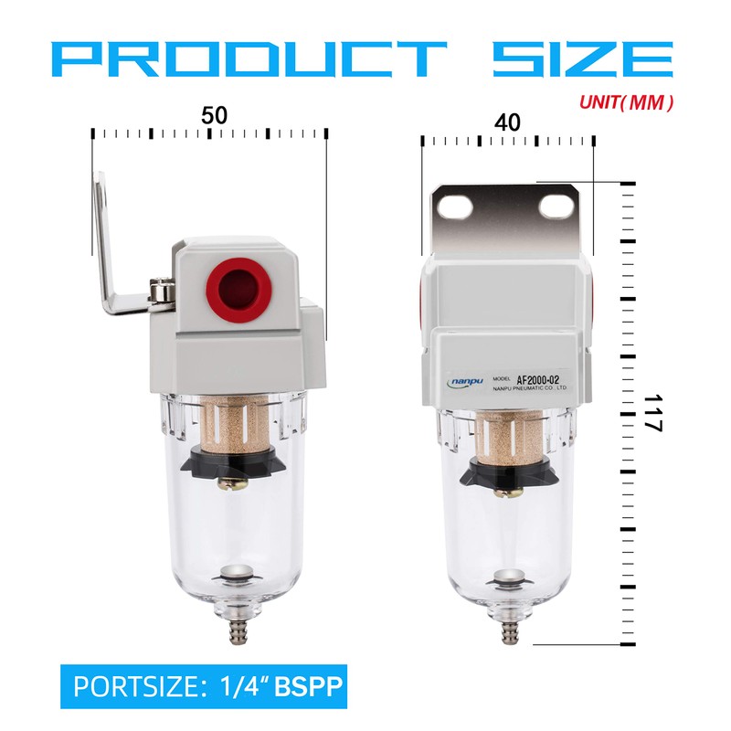 NANPU 1/4" BSPP Compressed Air Filter, 5 μm Brass Element,