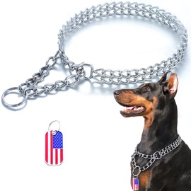 JanToPet Stainless Steel Cuban Link Dog Collar Adjustable Chew Proof Double Row Chain Dog Collars Silver Metal Walking Collar for Large, Small, and Medium Dog(2 Row, M)