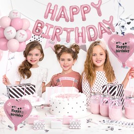 Pink Bow Birthday Decorations Coquette Birthday Decorations-Pink Happy Birthday Balloons, Pink White Balloons, Pink Heart Balloons And Pink Bows For Bow Themed Coquette Birthday Decorations