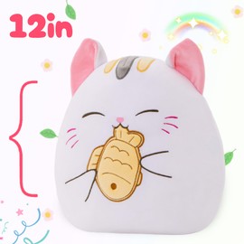Athionsu 12-Inch Cat Plush Pillow Soft Kawaii Stuffed Animal Hugging Cushion with Taiyaki Fish Cute Kitty Gifts for Kids, Girls