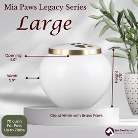 Best Friend Services Pet Urn - Memorial Cremation Pet Urns for Dog and Cat Ashes, Hand Carved Mia Series Urn for Pets up to 70lbs (Large, Cloud White, Double Brass Paws)